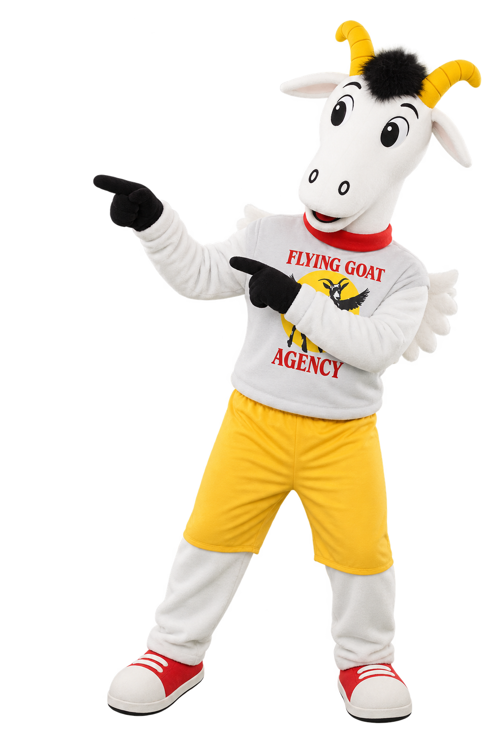 Flying Goat mascot pointing toward how it works