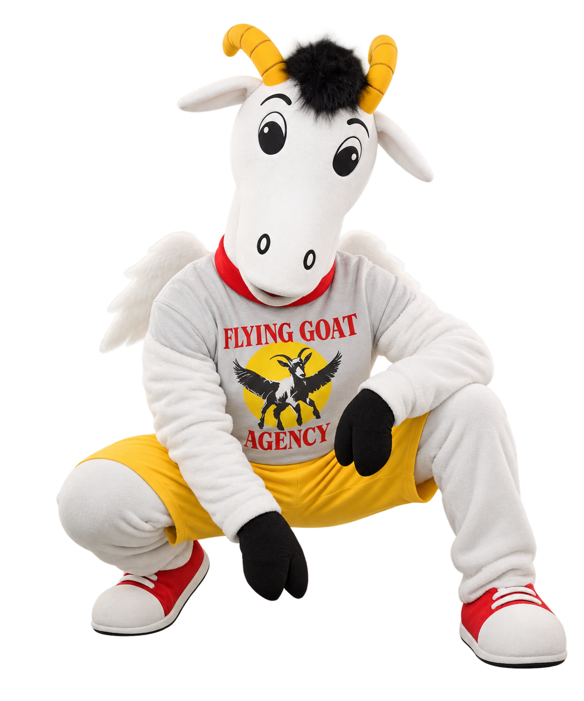 Flying Goat mascot in a confident squat pose