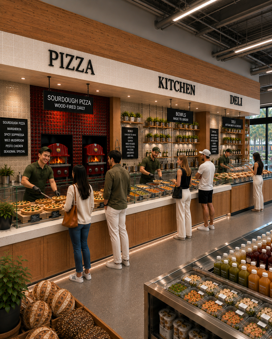 The pizza, kitchen, and deli counters inside Totum Market